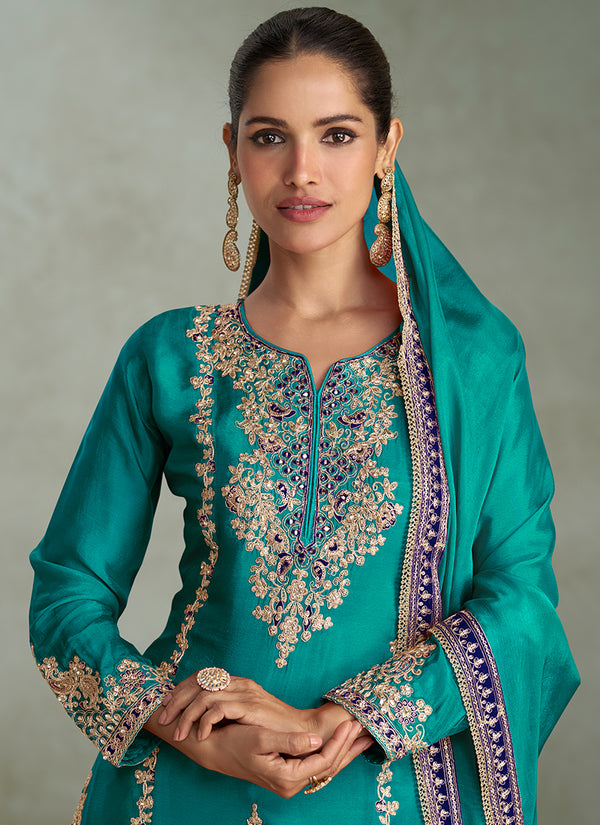 Turquoise Embroidery Party Wear Palazzo Suit