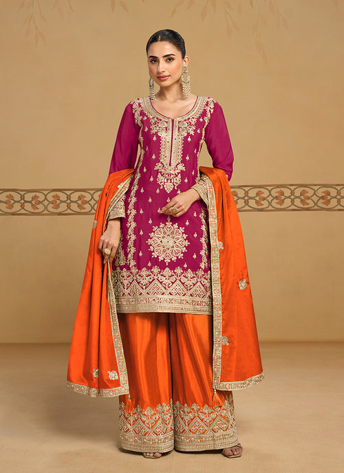 Wine And Orange Traditional Embroidered Palazzo Suit