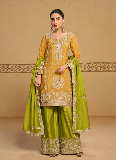 Yellow And Green Traditional Embroidered Palazzo Suit