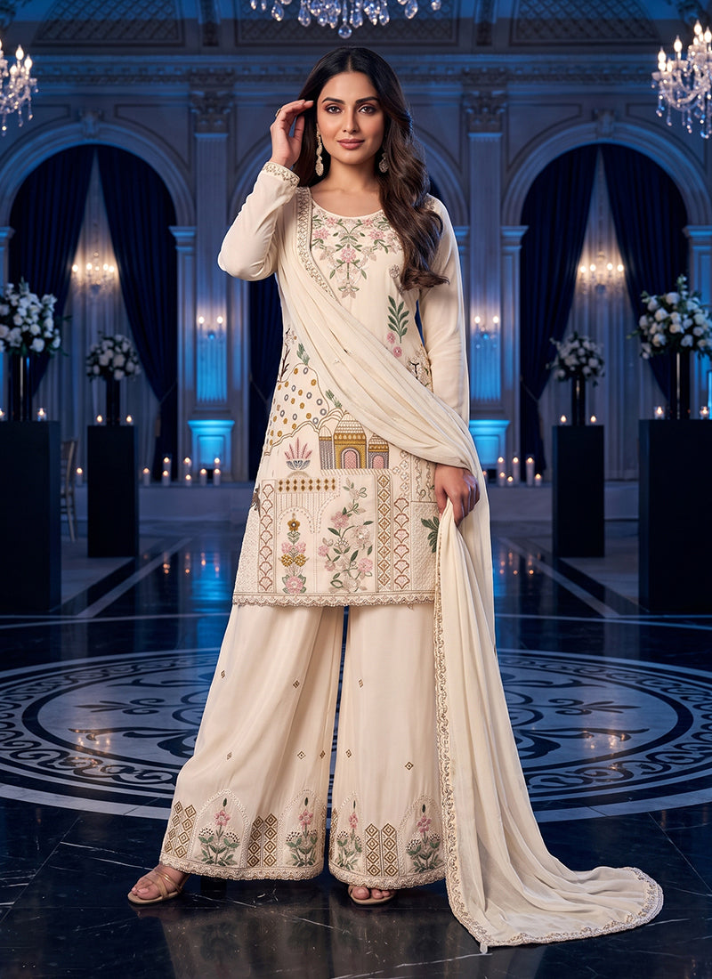 Ivory Multicoloured Embroidered Silk Palazzo Suit