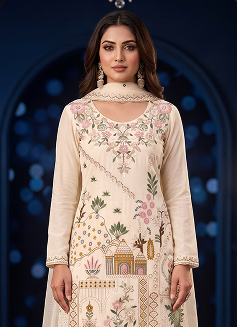Buy Ivory Multicoloured Silk Palazzo Suit In USA