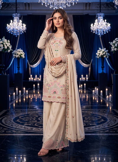 Beige Multicoloured Embroidered Silk Palazzo Suit