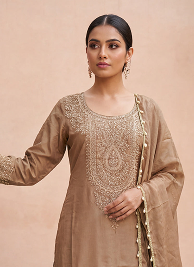 Shop Beige Silk Palazzo Suit Online