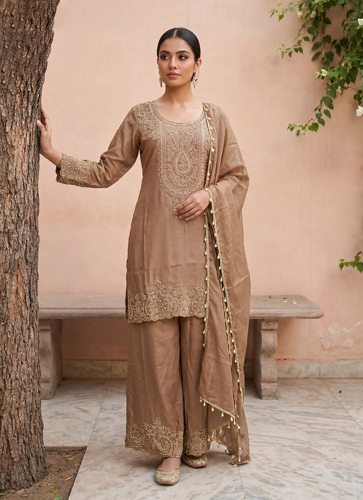 Beige Embroidery Tissue Silk Palazzo Suit