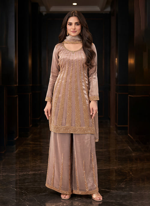 Rose Gold Handwork Embroidered Palazzo Suit