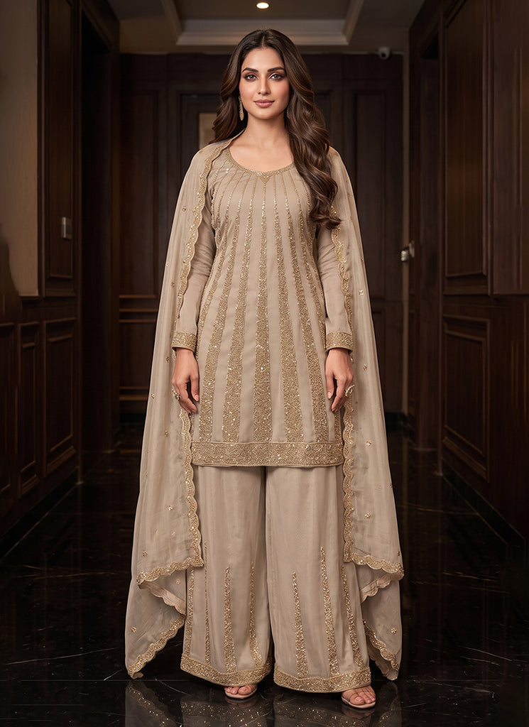 Champagne Gold Handwork Embroidered Palazzo Suit