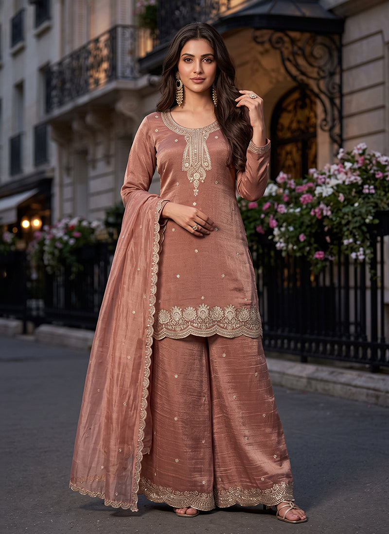 Peach Reshamkari Embroidered Palazzo Suit
