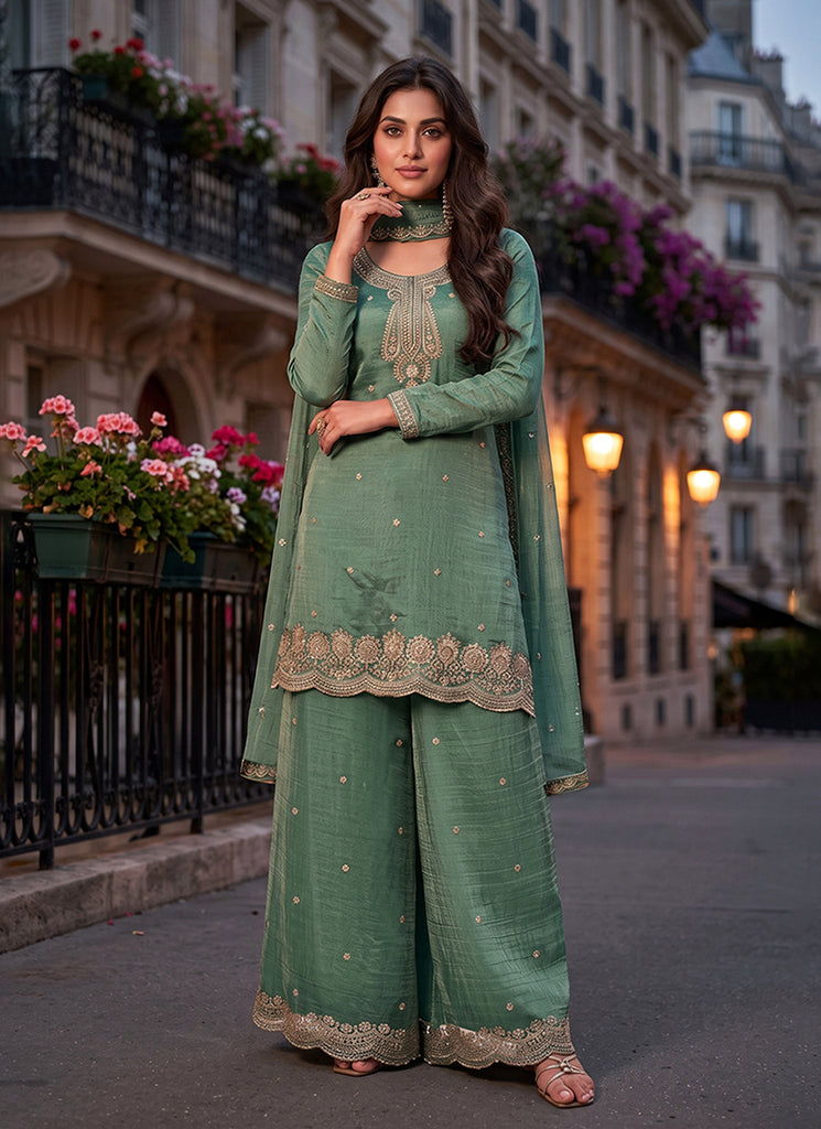 Green Reshamkari Embroidered Palazzo Suit