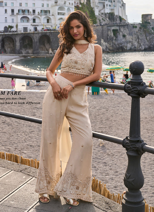 Cream Abstract Embroidery Co-ord Palazzo Set