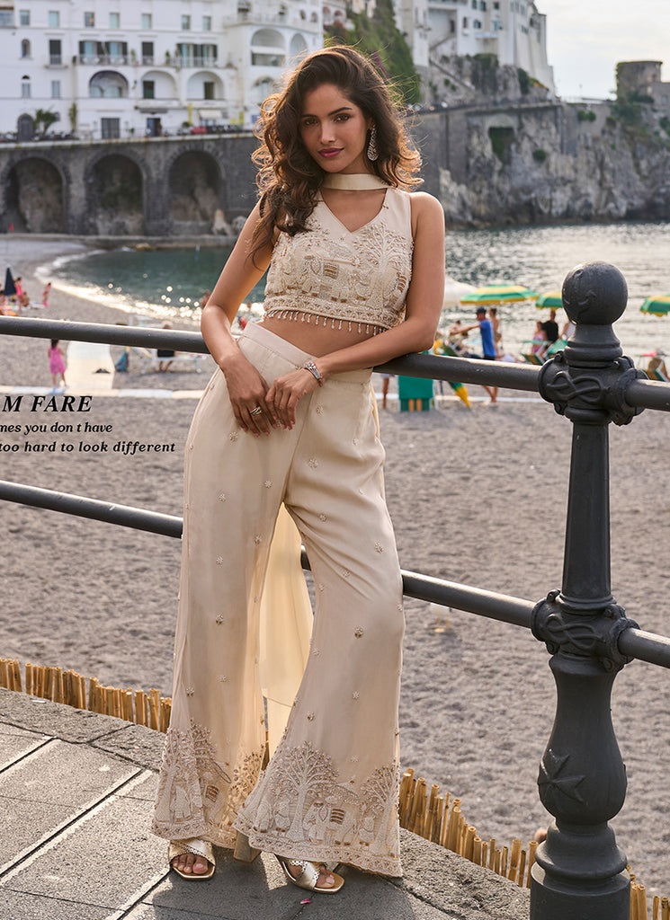 Cream Abstract Embroidery Co-ord Palazzo Set