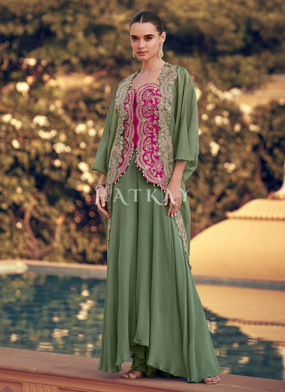 Green And Pink Indo Western Jacket Style Palazzo Set