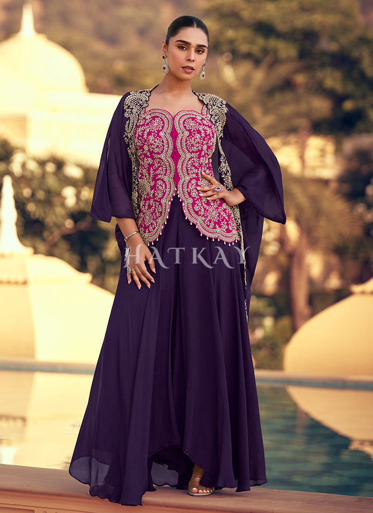 Pink And Purple Indo Western Jacket Style Palazzo Set