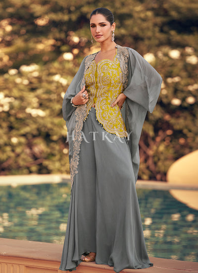 Grey And Yellow Indo Western Jacket Style Palazzo Set