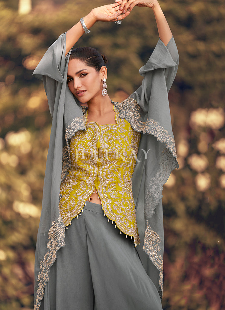 Grey And Yellow Indo Western Jacket Style Palazzo Set In UAE