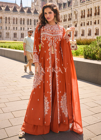 Rust Orange Slit Kurta With Palazzo Set