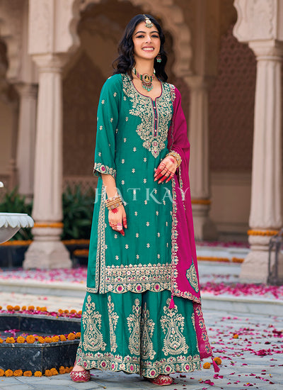 Turquoise And Pink  Embroidery Palazzo Suit