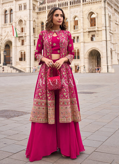 Shop Magenta Embroidered Jacket Style Palazzo Suit
