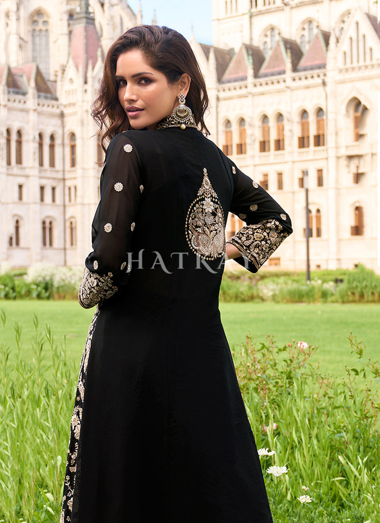 Buy Black Embroidered Jacket Style Palazzo Suit 1 Online | Hatkay Buy Black Embroidered Jacket Style Palazzo Suit 1 Online | Hatkay