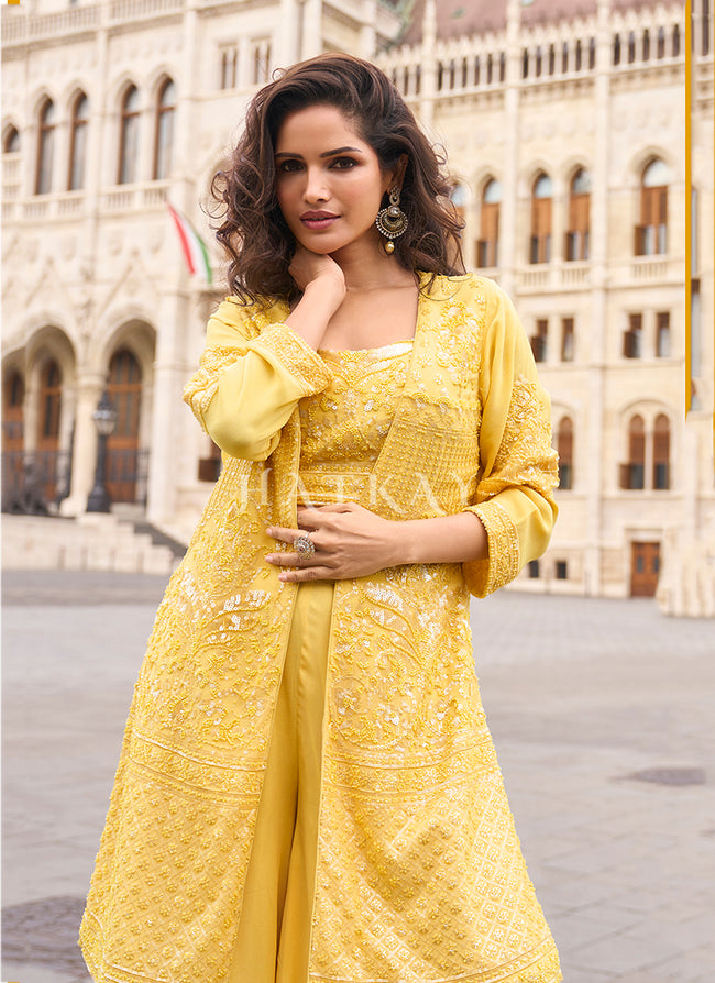 Bollywood Dress Pastel Yellow Embroidered Jacket Style Palazzo Suit