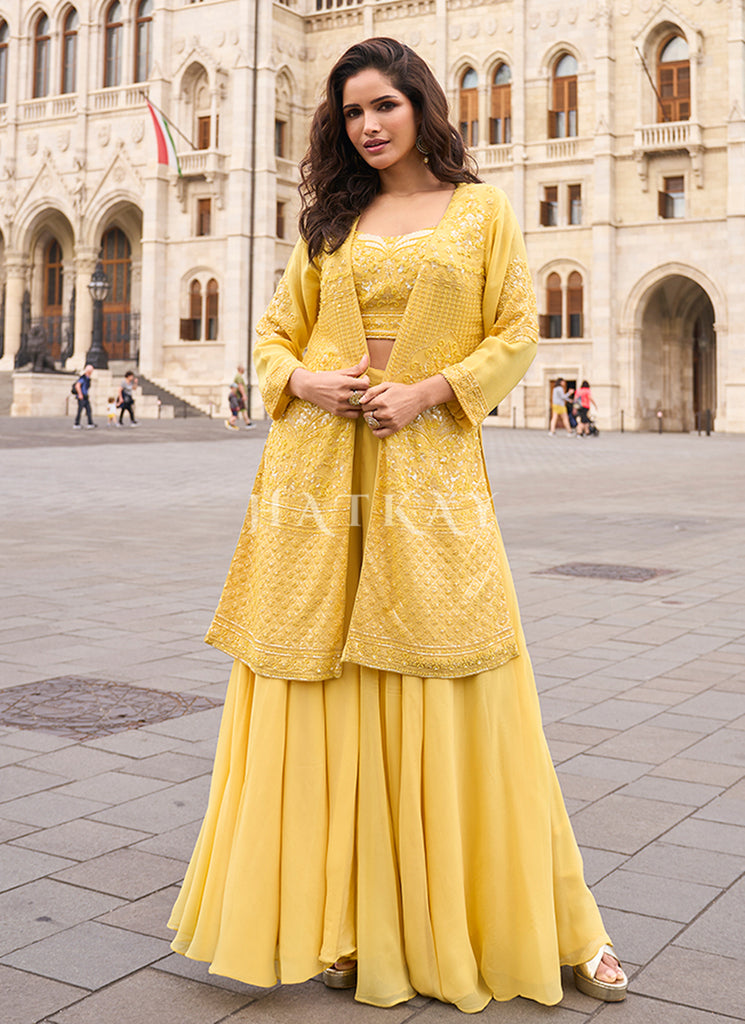Yellow Long Jacket Ethnic Dress Neerus Yellow Ethnic Embroidered Georgette Anarkali Suit Set Yellow Long Jacket Ethnic Dress Neerus Yellow Ethnic Embroidered Georgette Anarkali Suit Set