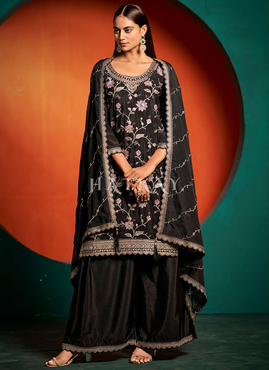 Black Multi Floral Embroidery Palazzo Suit