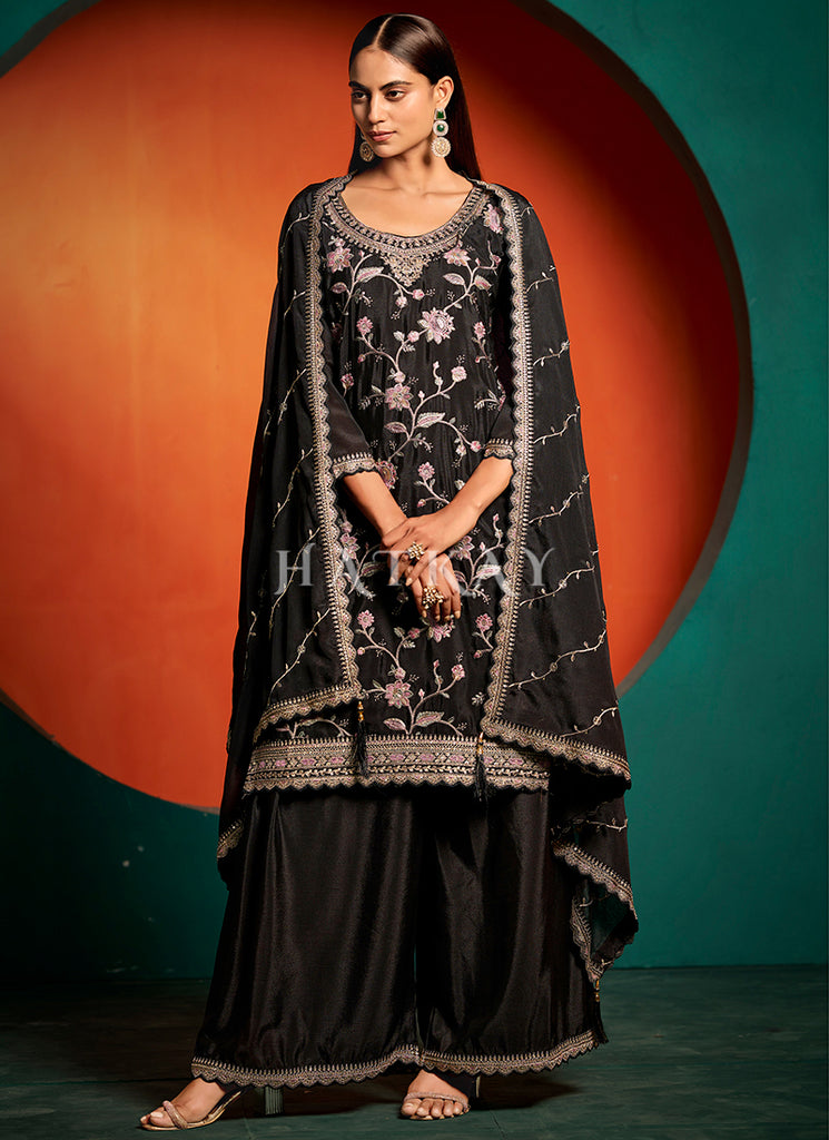 Black Multi Floral Embroidery Palazzo Suit