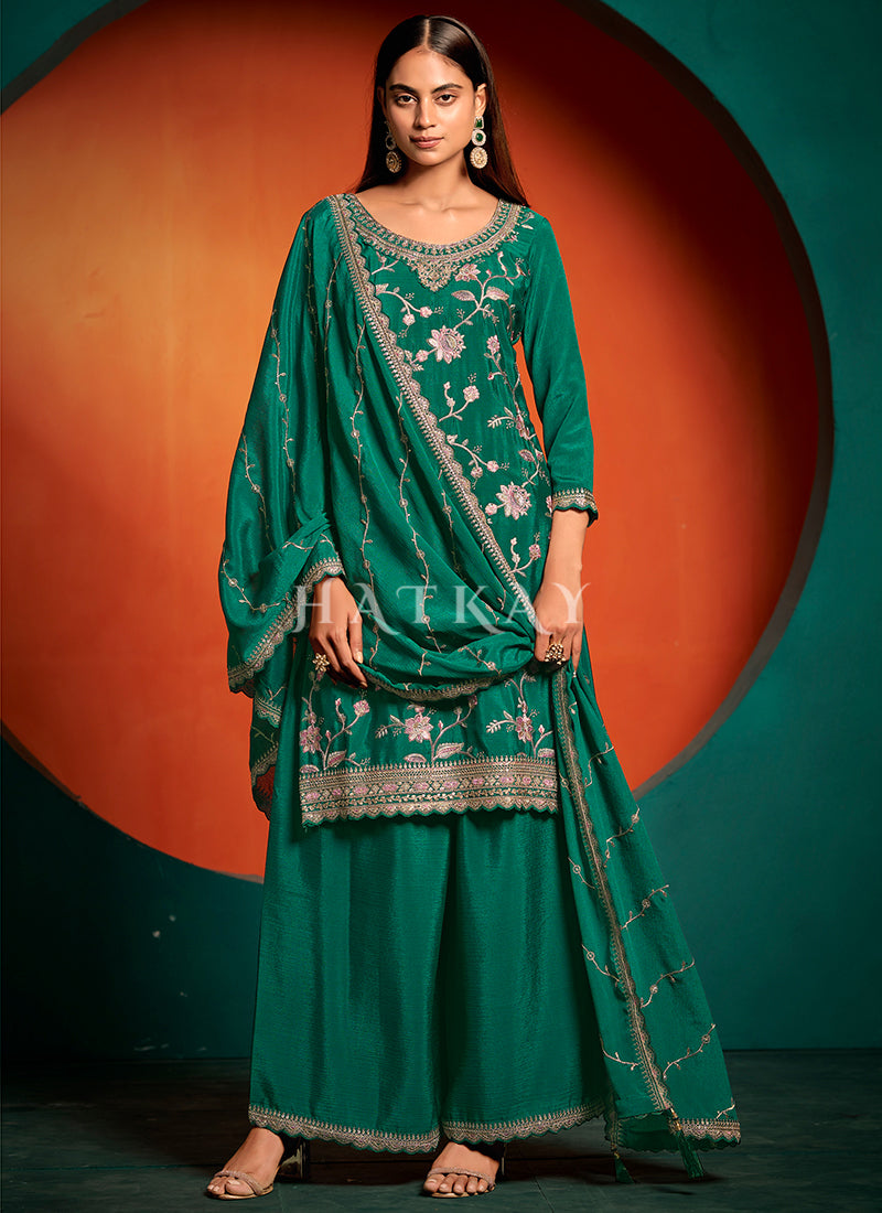 Dark Green Multi Floral Embroidery Palazzo Suit