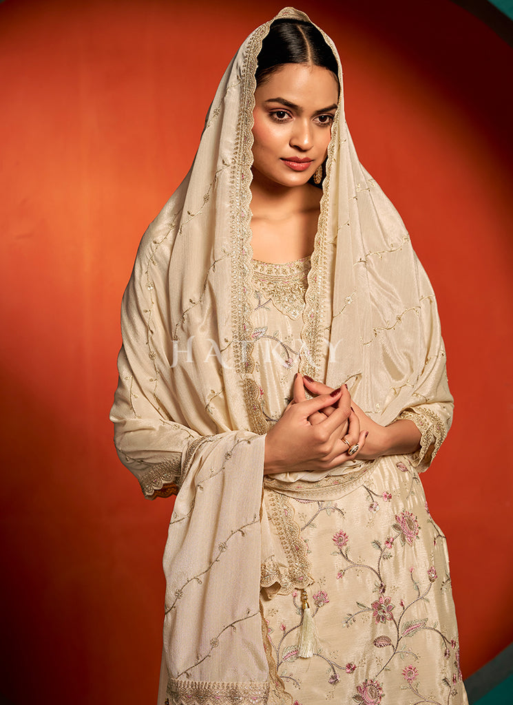 Cream Beige Floral Embroidery Palazzo Suit