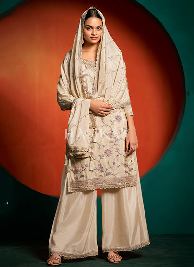 Cream Beige Multi Floral Embroidery Palazzo Suit