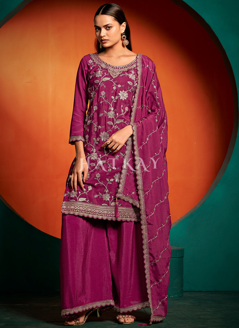 Deep Wine Multi Floral Embroidery Palazzo Suit