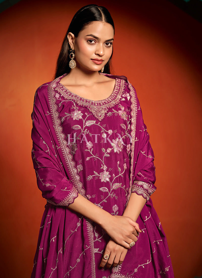 Deep Wine Embroidery Palazzo Suit