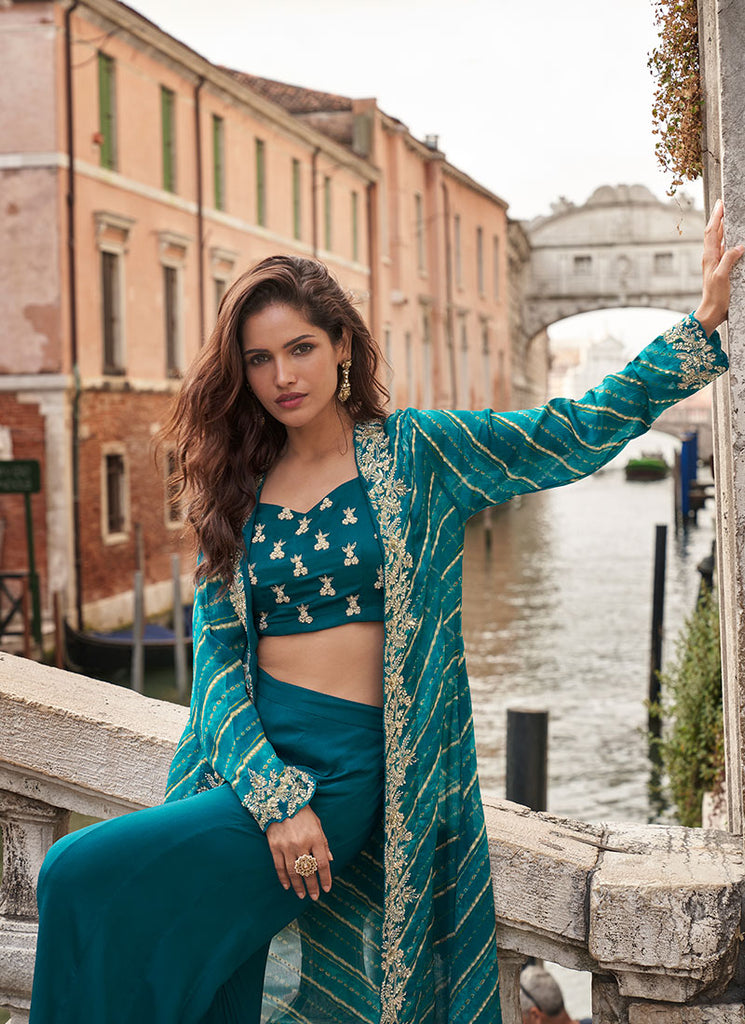 Turquoise Handwork Embroidered Jacket Style Palazzo Suit