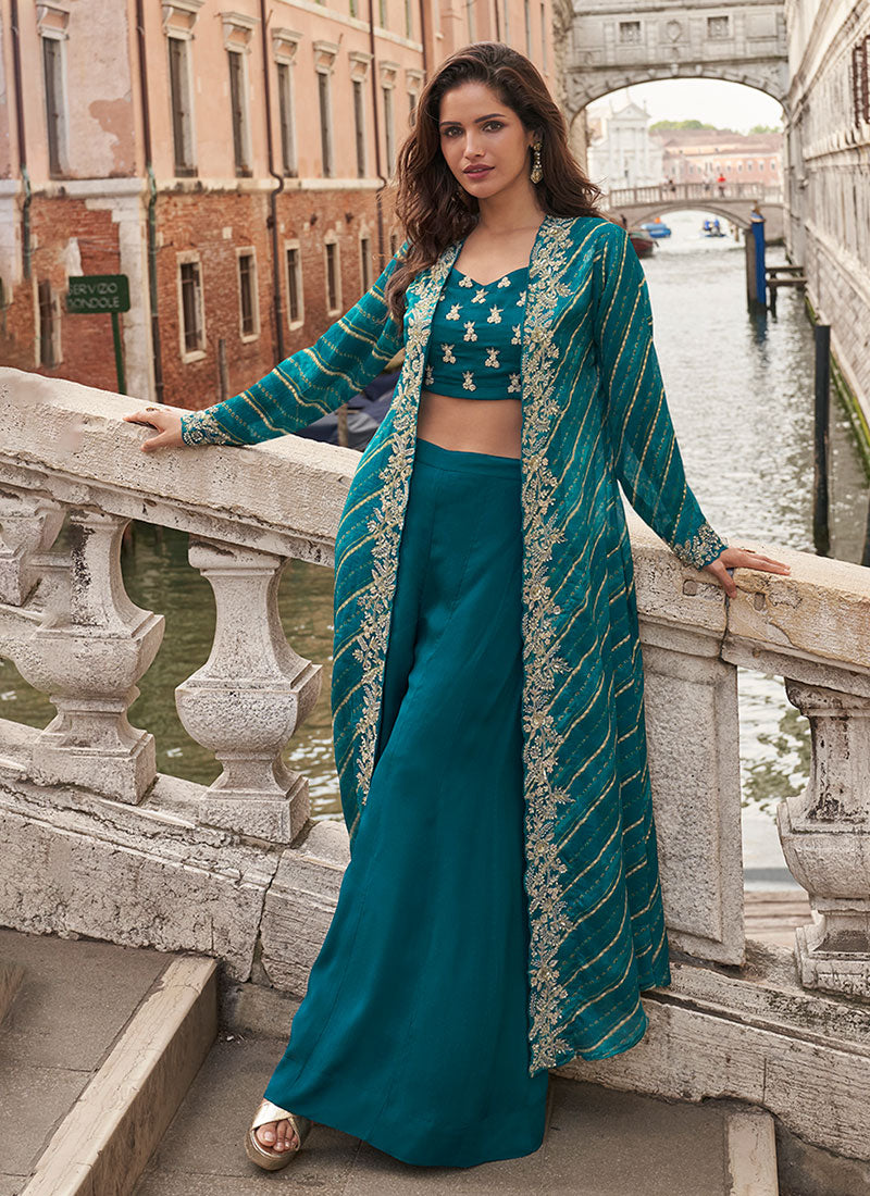 Turquoise Handwork Embroidered Jacket Style Palazzo Suit