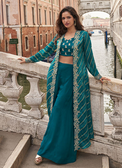 Turquoise Handwork Embroidered Jacket Style Palazzo Suit