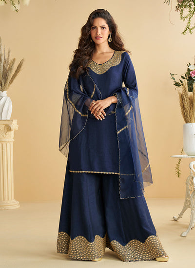 Dark Blue Mirror Work Palazzo Style Suit