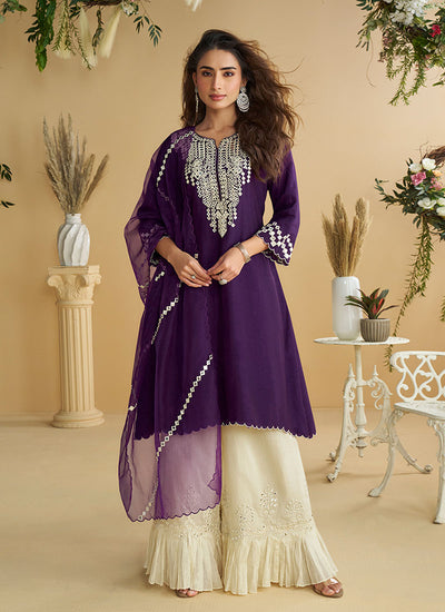 Purple And Cream Mirror Work Palazzo Style Suit