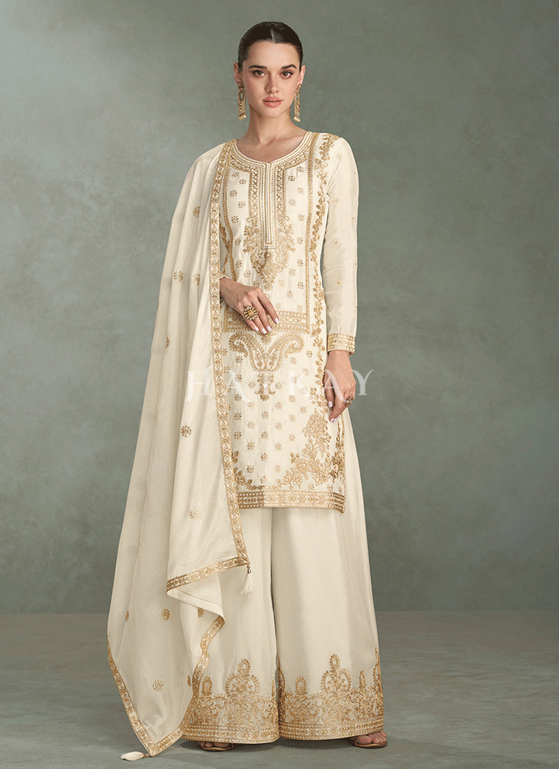 Off White Festive Palazzo Suit