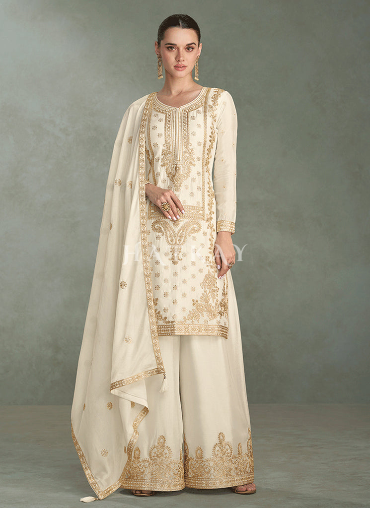 Off White Festive Palazzo Suit