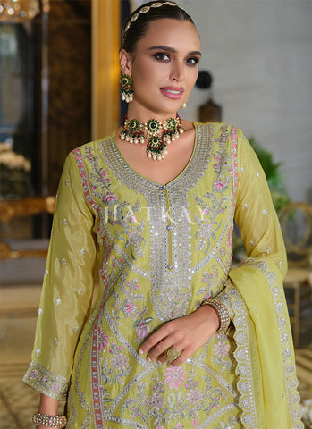 Yellow Embroidery Traditional Palazzo Suit