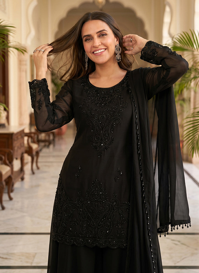Black Hand Embroidery Chinon Palazzo Suit