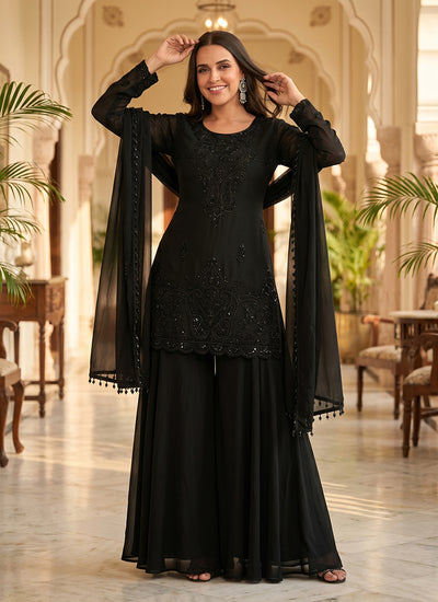 Black Hand Embroidery Chinon Palazzo Suit