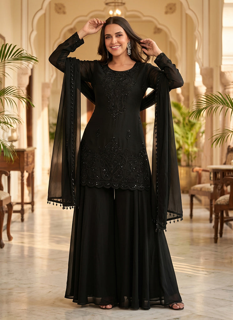 Black Hand Embroidery Chinon Palazzo Suit