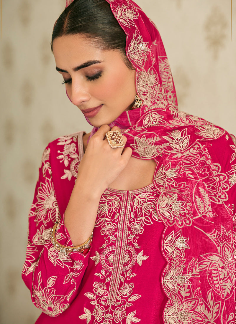 Hot pink embroidered palazzo suit - Hatkay ethnic wear.