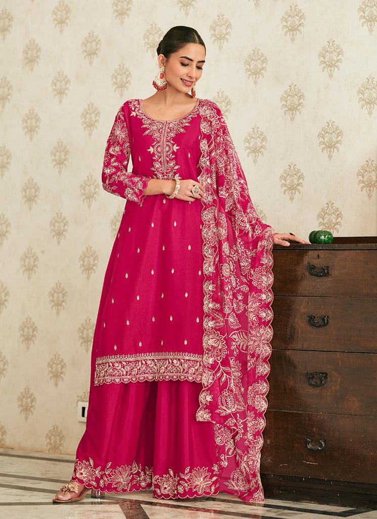Magenta Embroidery Chinon Palazzo Suit