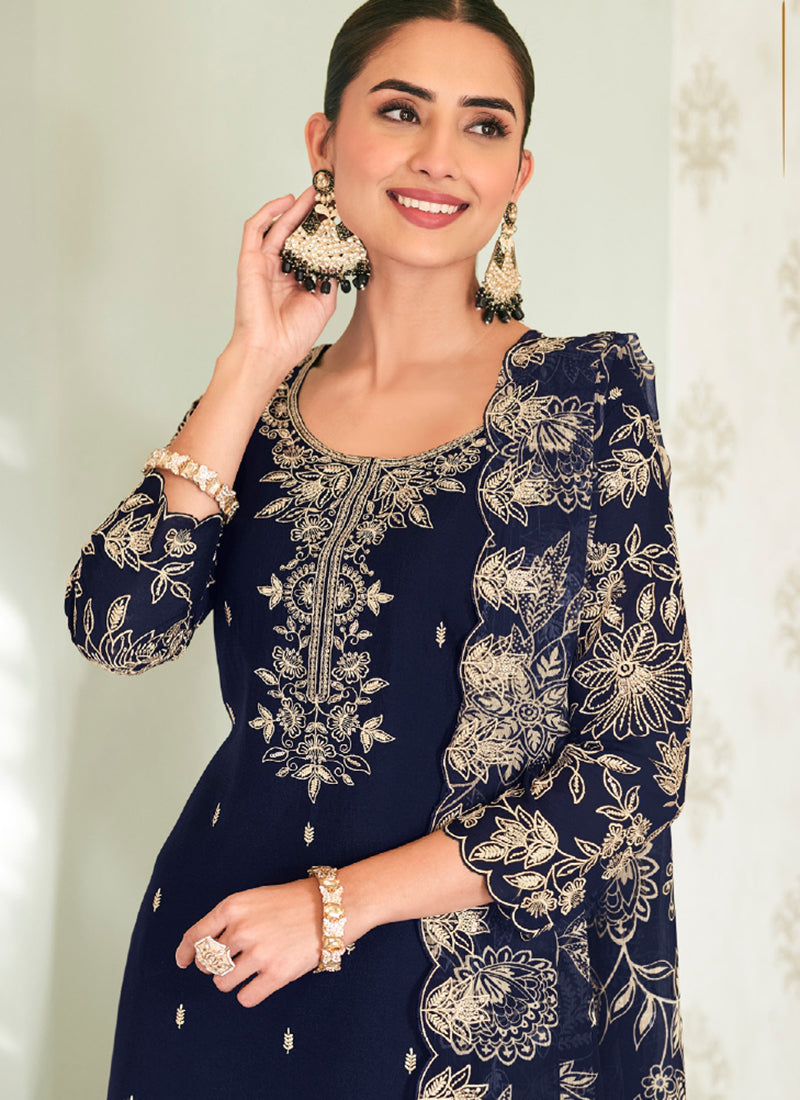 Navy Blue embroidered palazzo suit - Hatkay ethnic wear