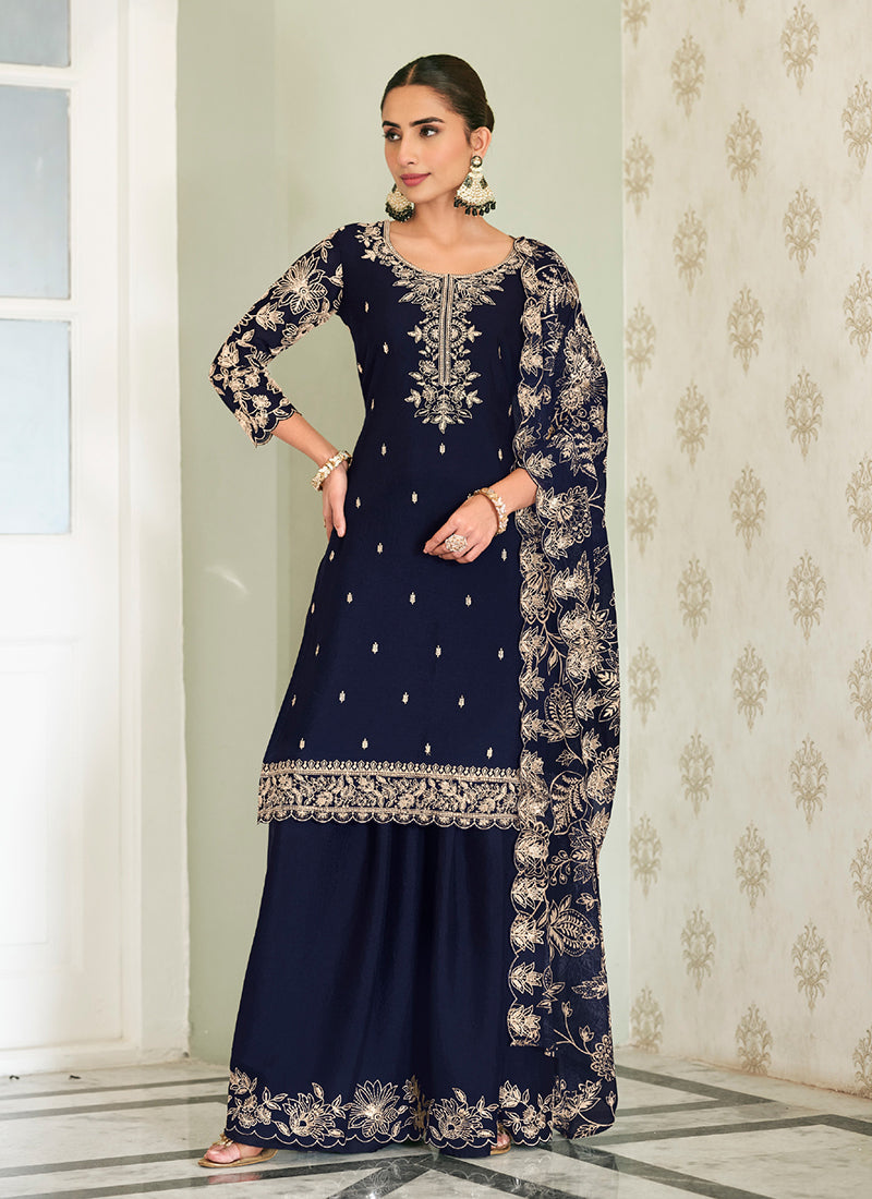 Navy Blue Embroidery Chinon Palazzo Suit