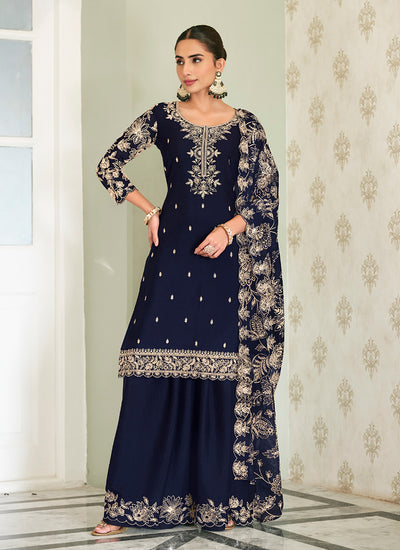 Navy Blue Embroidery Chinon Palazzo Suit