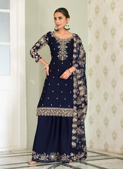 Navy Blue Embroidery Chinon Palazzo Suit