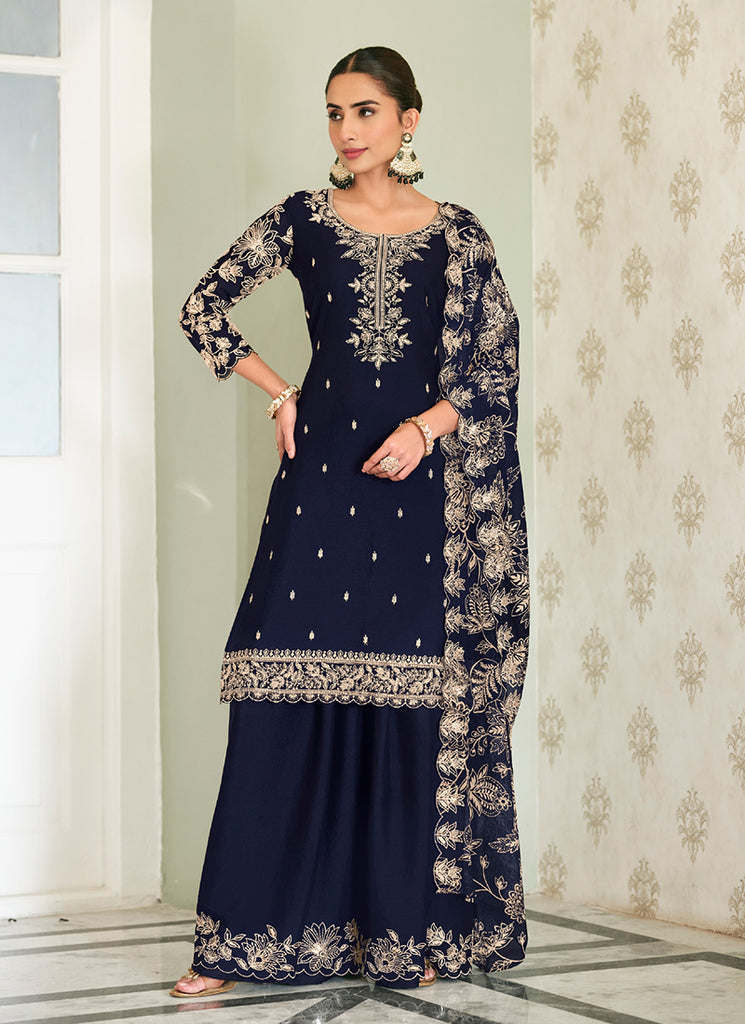 Navy Blue Embroidery Chinon Palazzo Suit