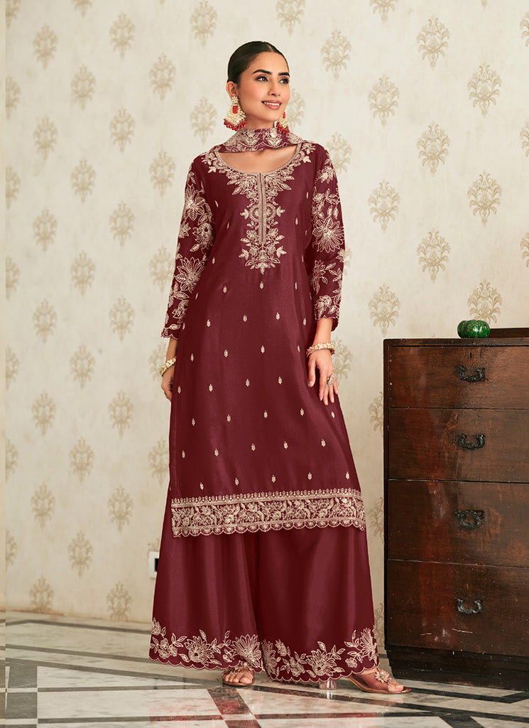 Maroon Embroidery Chinon Palazzo Suit